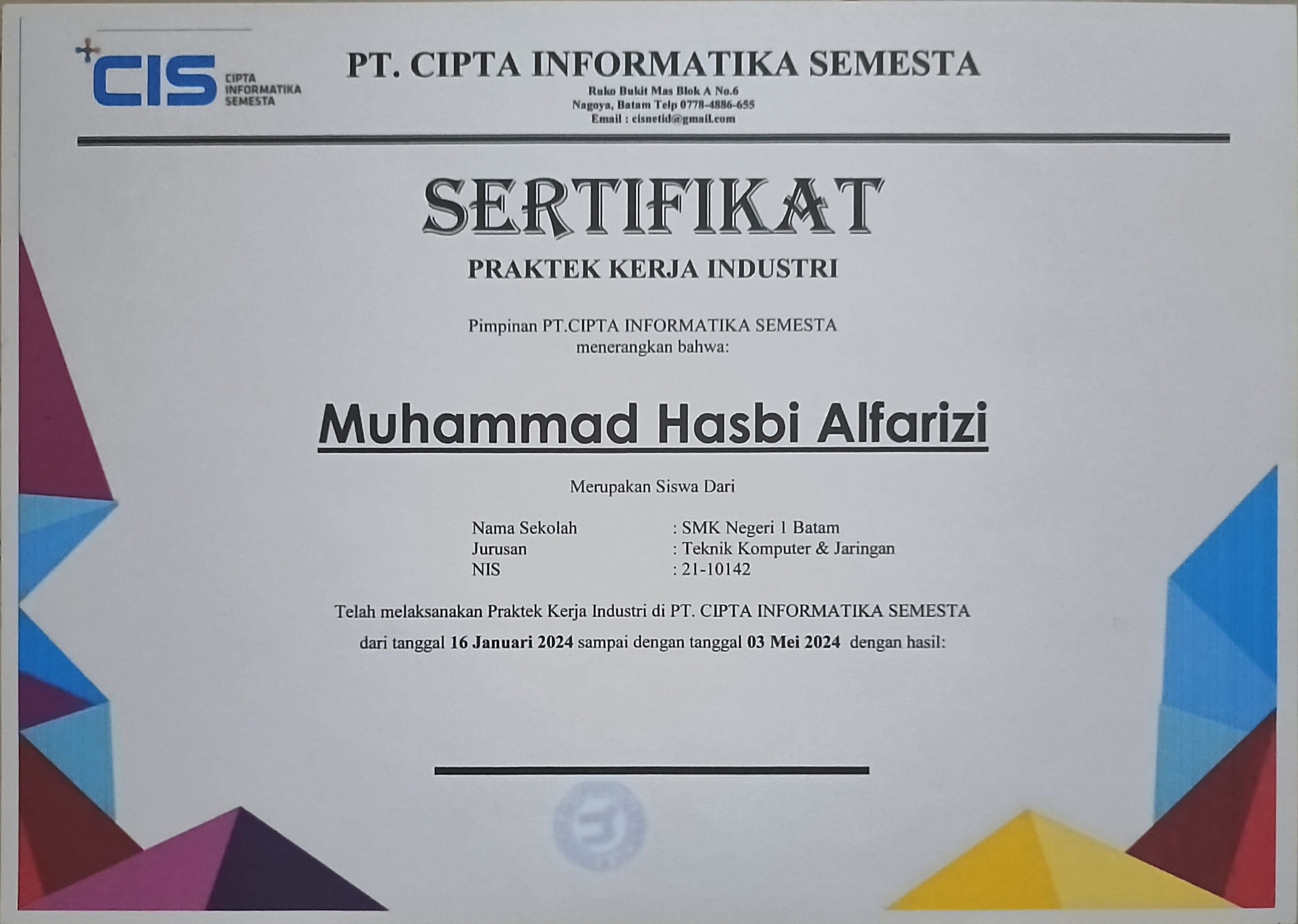 PT. Cipta Informatika Semesta internship certificate